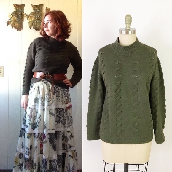 Alpaca Forest Green Cable Knit Cozy Sweater Mockneck Adventurecore Cabincore - Picture 1 of 8